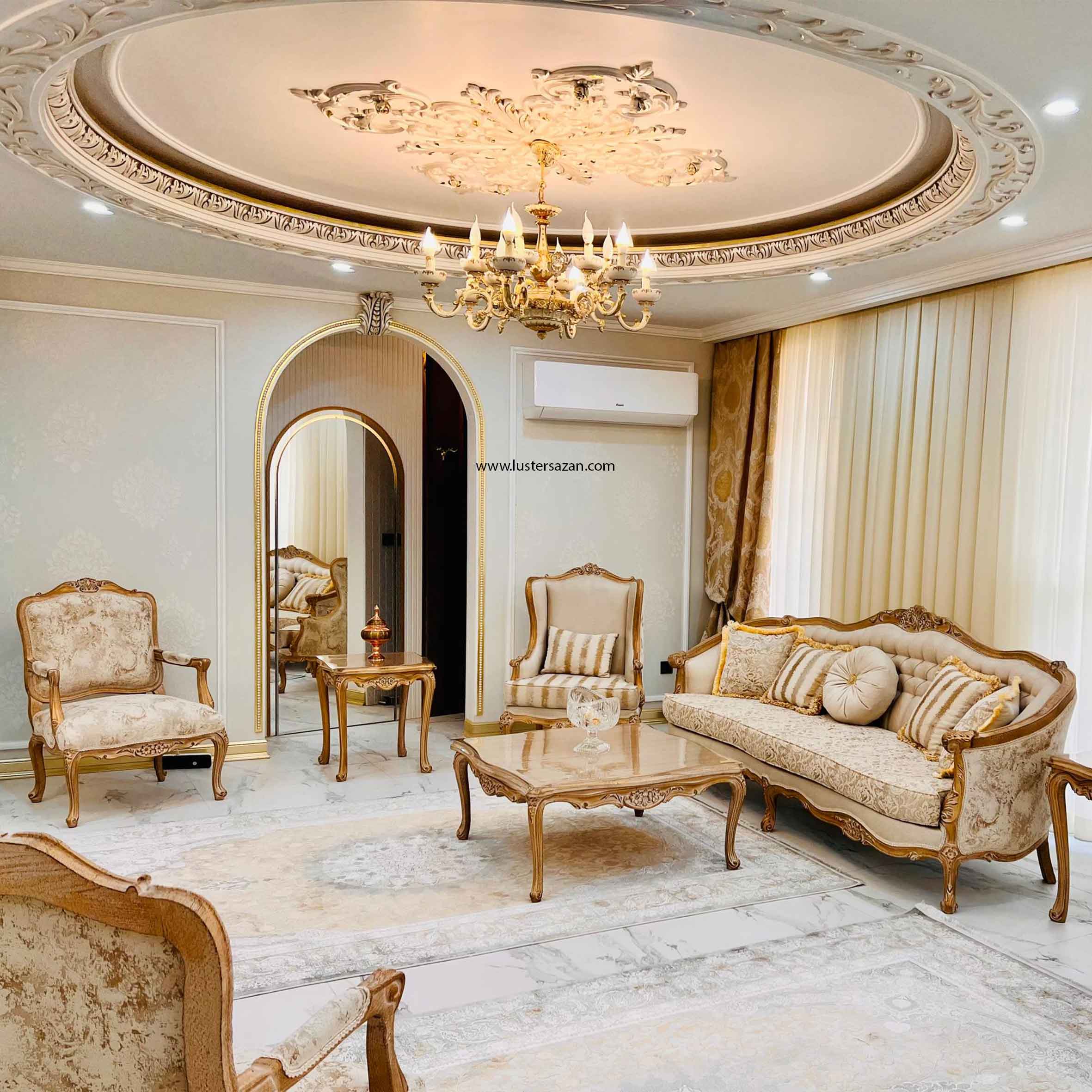 خرید لوستر سرامیکی L1521-6 با طراحی لوکس، 6 شاخه و 12 شعله، آبکاری طلاکرم و بدنه آلومینیومی. مناسب برای پذیرایی، نشیمن و لابی