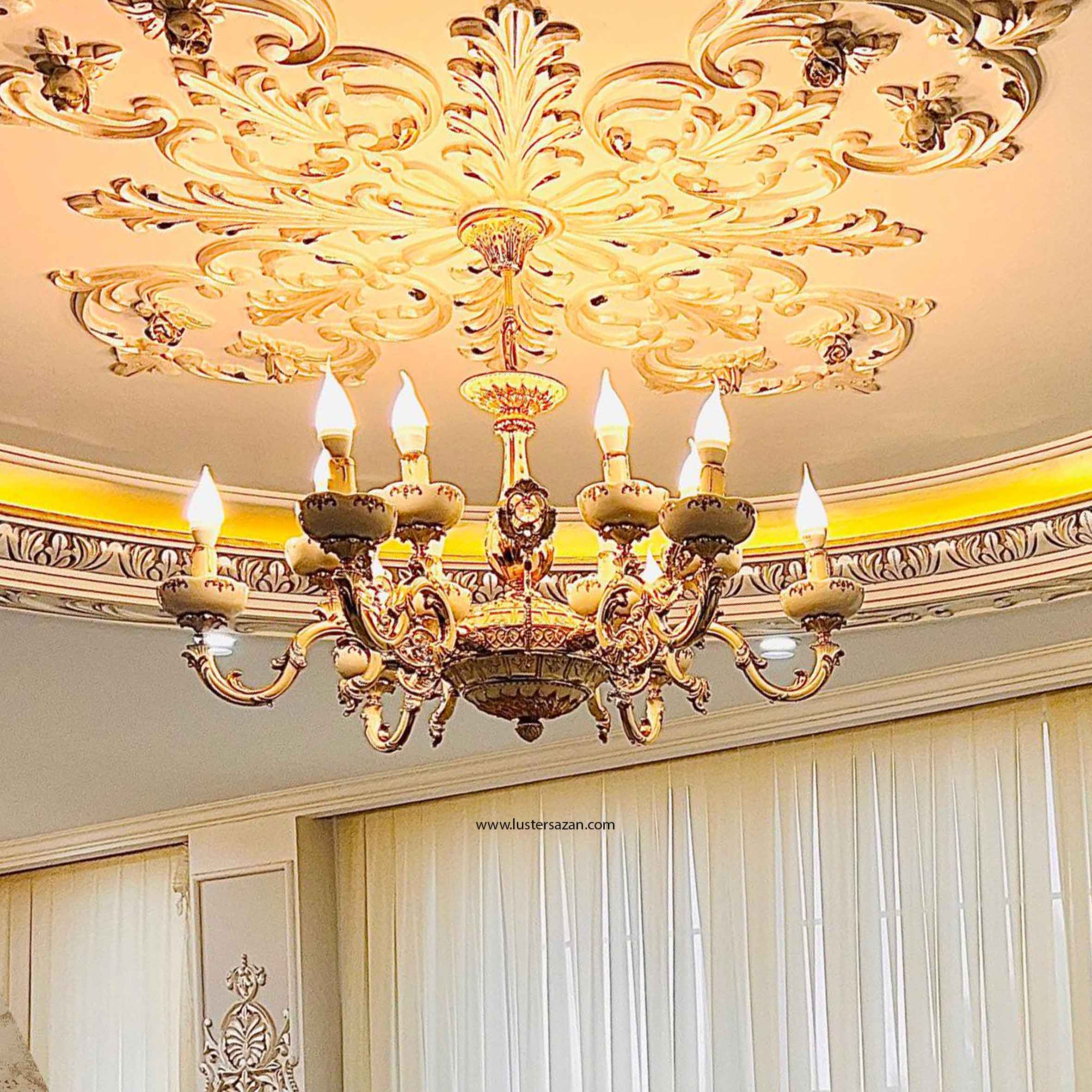 خرید لوستر سرامیکی L1521-6 با طراحی لوکس، 6 شاخه و 12 شعله، آبکاری طلاکرم و بدنه آلومینیومی. مناسب برای پذیرایی، نشیمن و لابی
