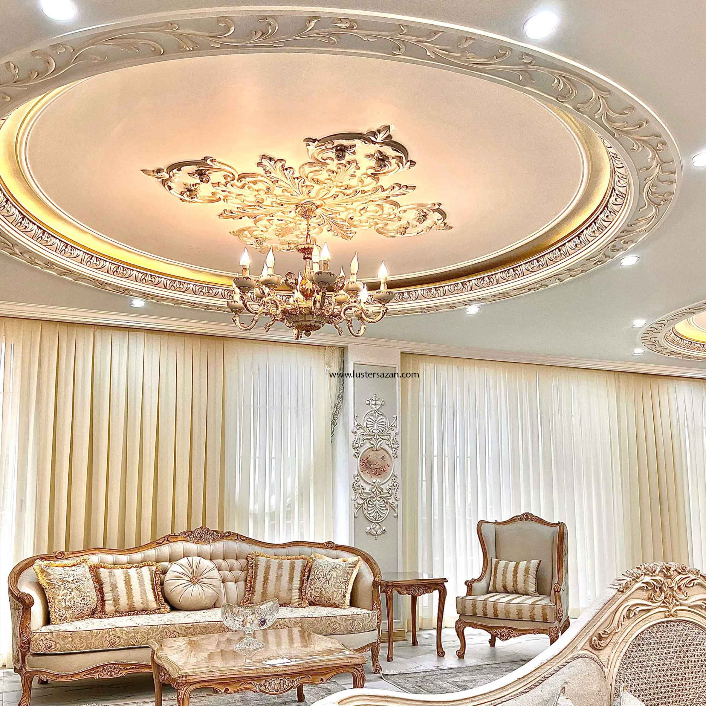 خرید لوستر سرامیکی L1521-6 با طراحی لوکس، 6 شاخه و 12 شعله، آبکاری طلاکرم و بدنه آلومینیومی. مناسب برای پذیرایی، نشیمن و لابی